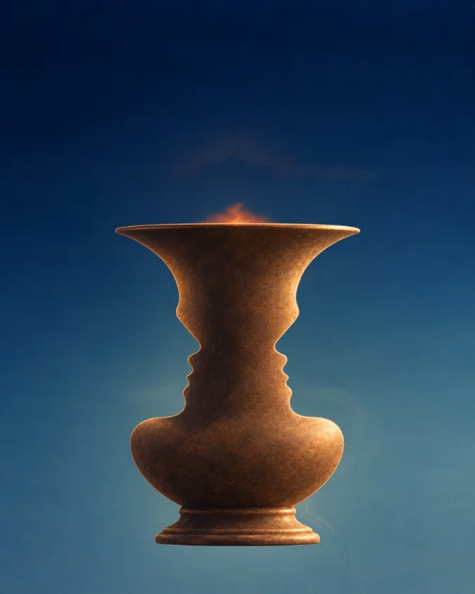 A bronze vase whose outline also forms two faces in profile, looking at each other