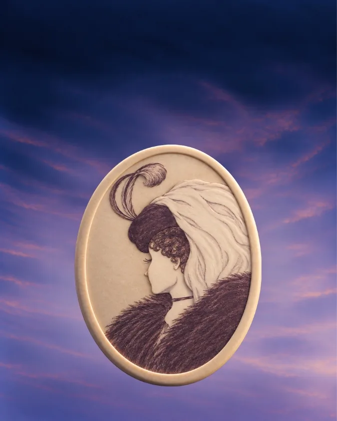 A cameo portrait that shows either a young woman looking away or an old woman in profile