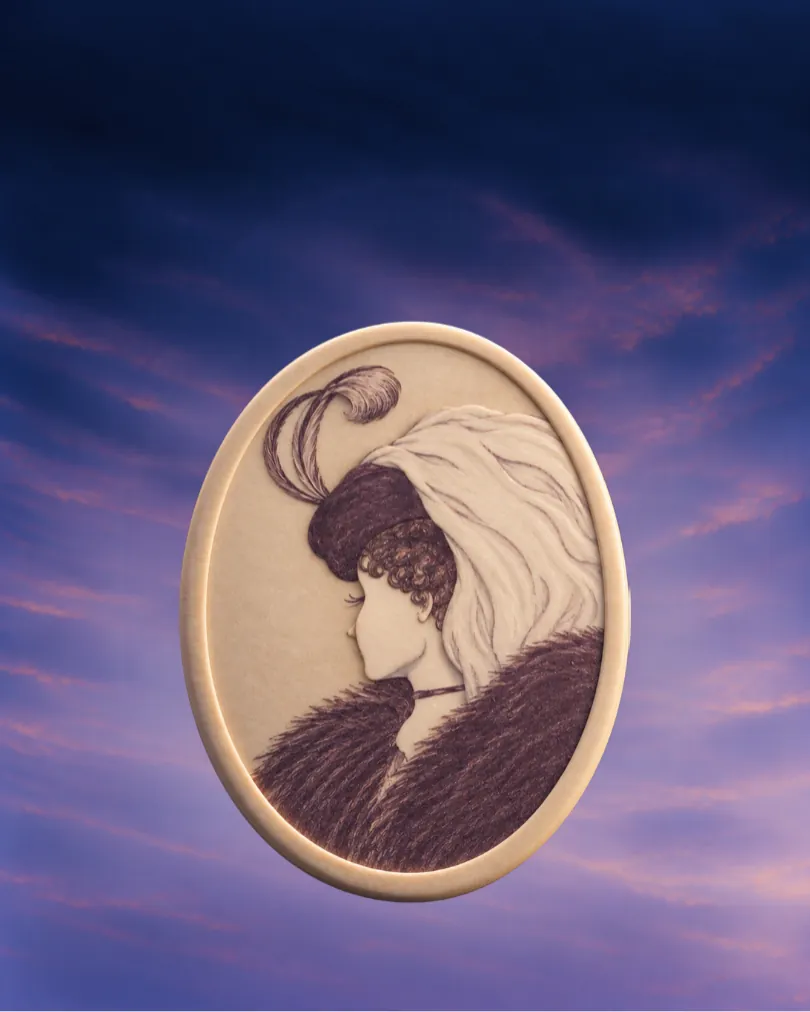 A cameo portrait that shows either a young woman looking away or an old woman in profile